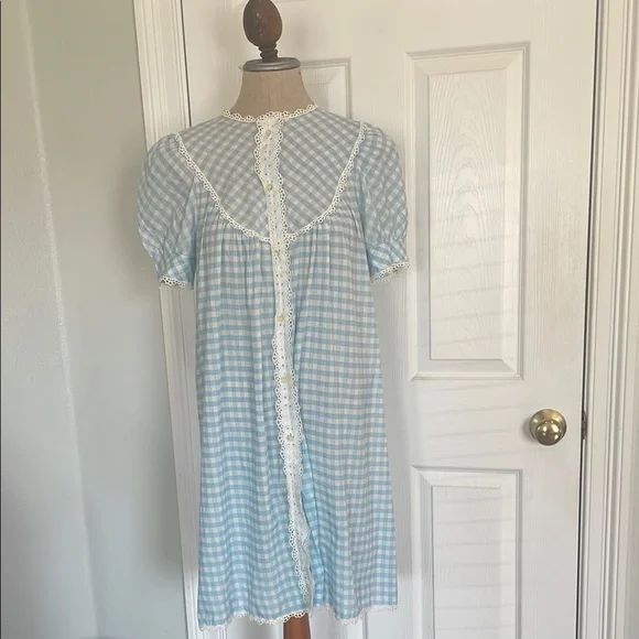 Vintage gingham lace check nightgown housecoat dress duster robe cottage core M - Picture 1 of 10